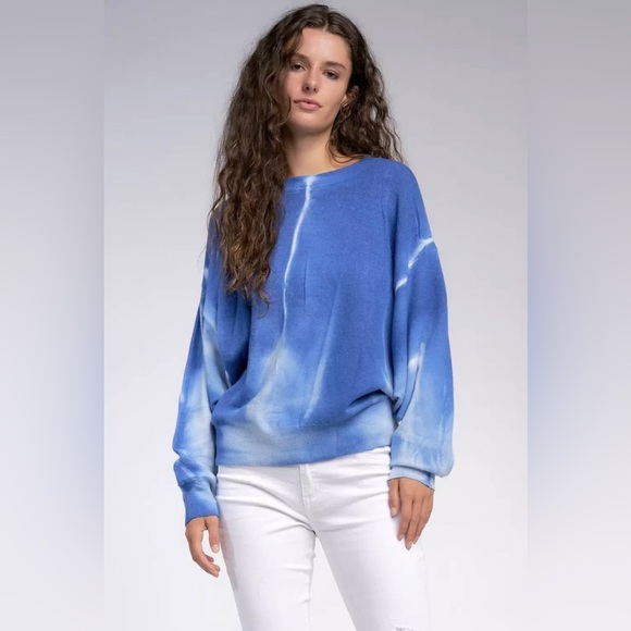 Elan Women’s OSFM Blue/White Tie-Dye Cotton Balloon Sleeved Sweater - EUC! - Picture 1 of 12
